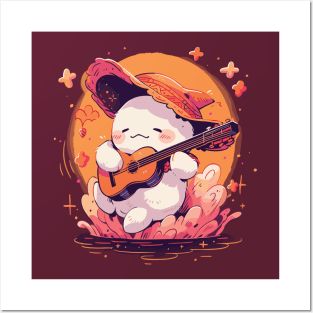 Halloween Ghost Playing Guitar. Spook Cute Monster. Posters and Art